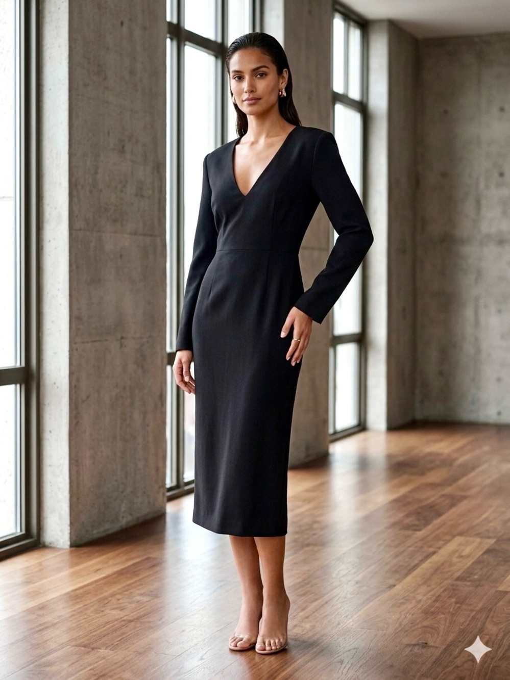Carolina Herrera V-Neck Midi Length Black Long Sleeve Dress Size 14 NWT
